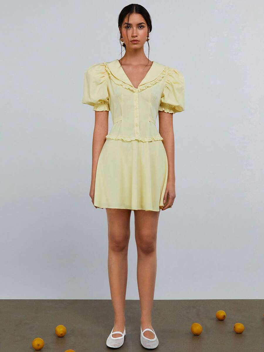 Athîral Women Solid Color Frill Trim Puff Sleeve Single Breasted Fashion Mini Dress,Butter Yellow - Yellow - View 1