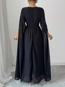 Rafferiza 女士优雅 V 领蕾丝腰 A 字型斗篷袖雪纺长裙，阿拉伯长袍时尚，优雅，斋月，日常穿着，长袍，纯色 - 黑色 - 查看 2