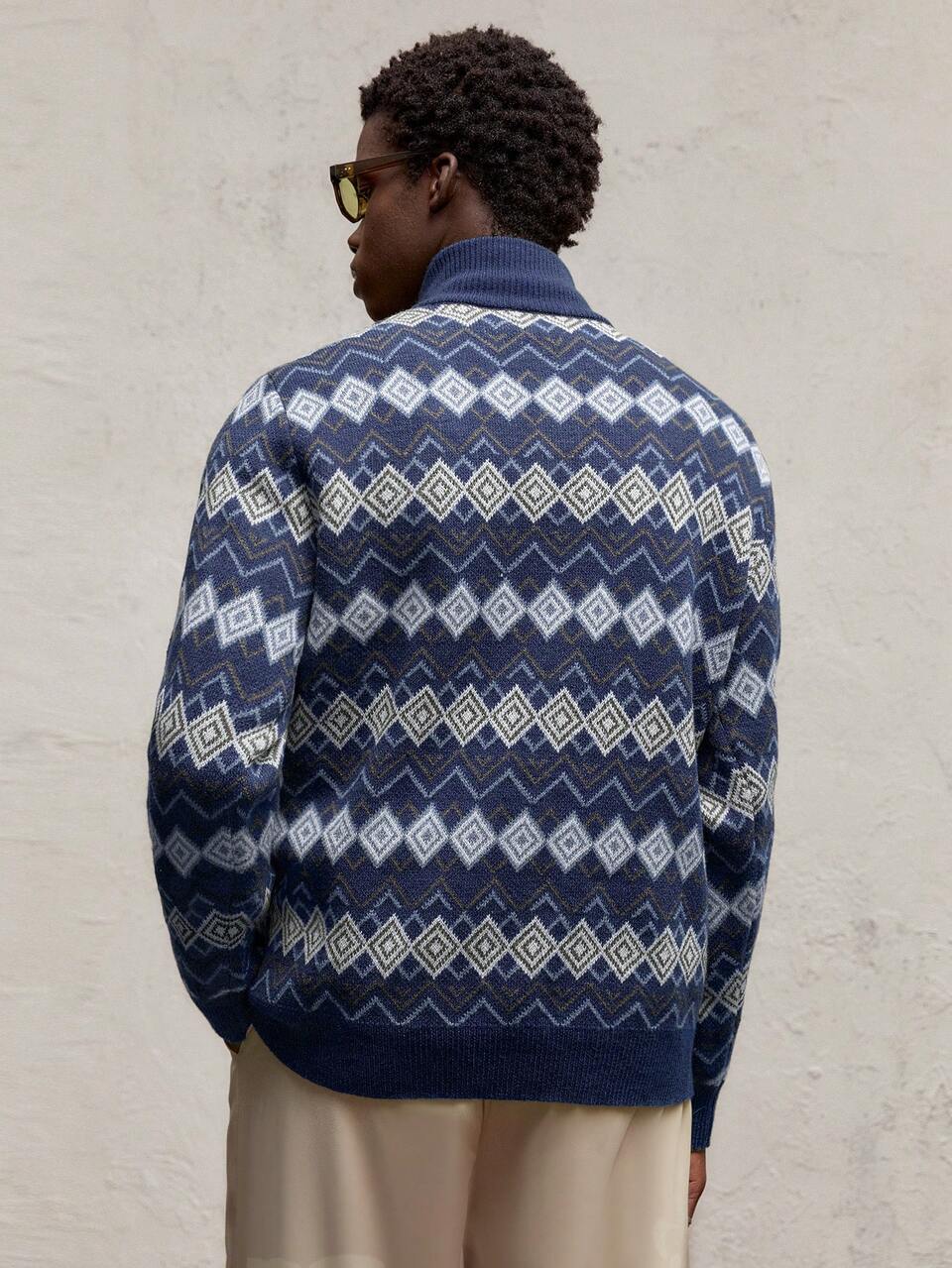 Men's Light Blue And White Colorblock Knit Pullover Sweater,Stand Collar Half-Zip Drop Shoulder Long Sleeve,Casual Autumn Date Everyday Wear,Metal Zip