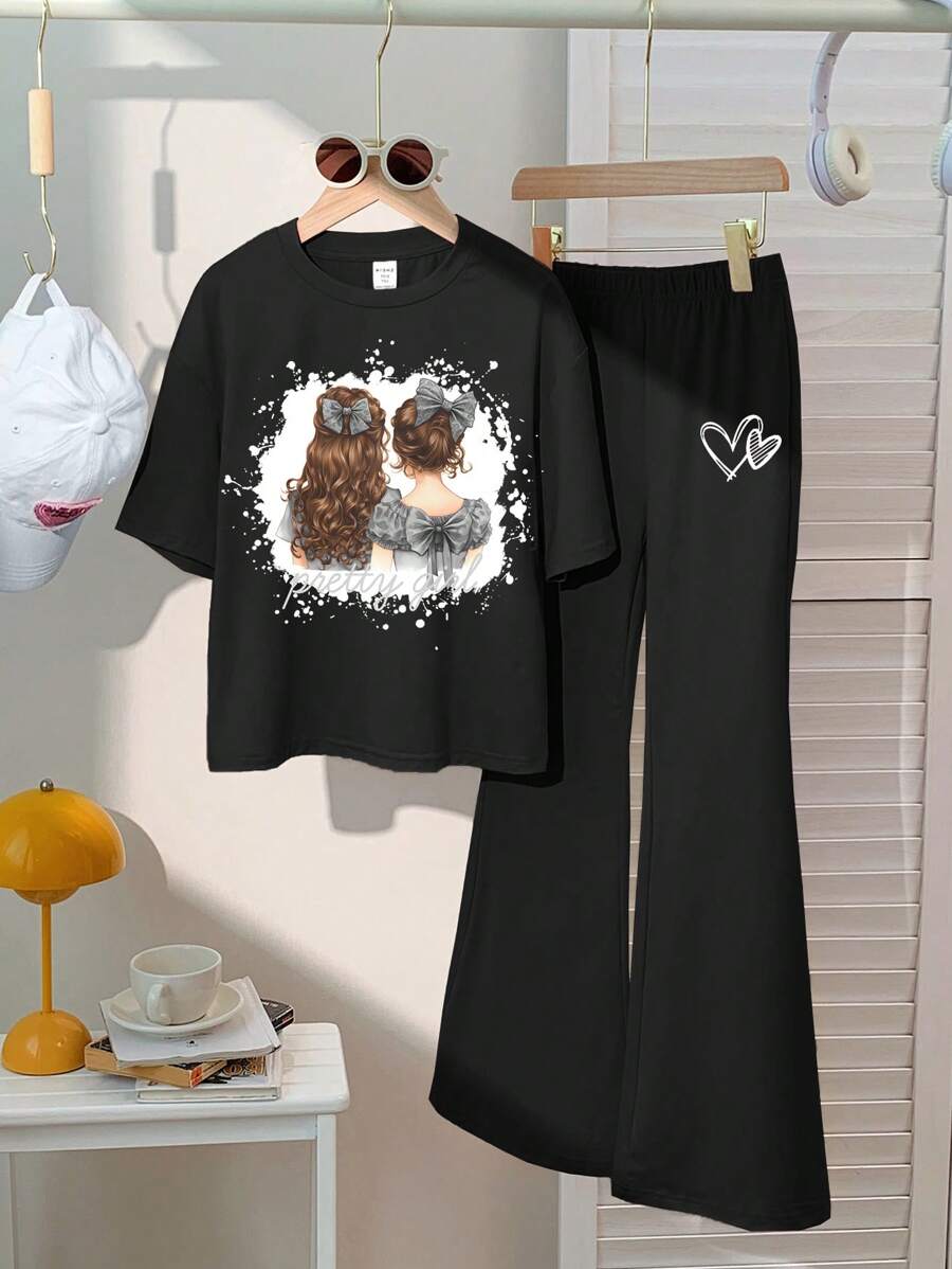 SHEIN 2 件套 Tween 女童休闲简约短袖上衣和裤子套装，适合夏季 - 黑色 - 查看 1