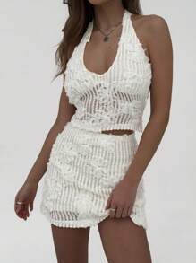 Aloruh 全新浪漫 3D 花卉蕾丝海滩度假套装，性感吊带背心上衣 + 迷你裙 2 件套 - 杏色 - 查看 3