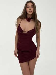Aloruh Elegant Accordion Pleated Hollow-Out Cross Back Mini Bodycon Slip Dress, Fashionable For Dates - Burgundy - View 1