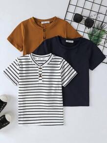 SHEIN Young Boy 3pcs Striped Quarter Button Tee - Multicolor - View 1