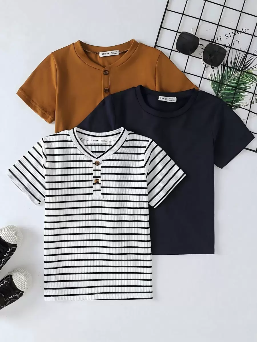 SHEIN Young Boy 3pcs Striped Quarter Button Tee - Multicolor - View 1