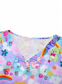 PopScrub Cute Cartoon Animal Pattern Women's V-Neck Short Sleeve Pocket Nurse Scrub Uniform Top, Scrubs Print V Neck Frosted Scrub Top, Casual Short Sleeve Work Wear, Women Sweetheart V-Neck Ruched Blouse, Women Short Sleeve V-Neck Nurse Scrub Uniform Shirt With 2 Pockets, Soft Stretchy Ruched Graphic Tee V-Neck Short Sleeve Blouse For Lady Wear Women's V-Neck Short Sleeve Double Pocket Cute Cartoon Animal Pink Heart Rabbit Print Simple Nurse Uniform Set/Doctor Work Uniform Set/ Examination & Surgery Uniform Set/Solid Color Pet Grooming Work Uniform Set/Nutritionist Work Uniform Short Sleeve Set/Functional Multi-Pocket Lab Work Uniform Top - Multicolor - View 4