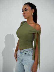 SHEIN BAE 优雅女士不对称颈部结带上衣，适合休闲约会、郊游、夜总会、派对、俱乐部、万圣节、秋季