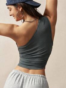 VARSITIE 1pc One Shoulder Ruched Cropped Skinny Cami Top - Grey - View 2