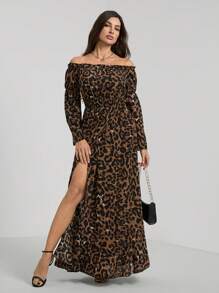 SHEIN Tall Vestido casual com estampa de leopardo, linha A, frente com babados, bainha com babados e fenda alta, estilo boêmio outono/inverno - Castanho - Ver 3