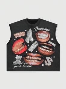 ROMWE MEN Street Life Camiseta de tirantes de ajuste corto para hombre con estampado lavado de labios y dientes - Negro - Ver 1