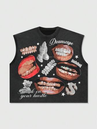 Street Life Men's Vintage Y2K Cropped Fit Tank Top With Washed Lip & Teeth Print