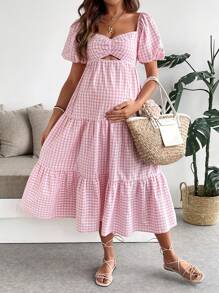 SHEIN Váy bầu họa tiết kẻ caro cổ tim viền bèo nhún thường ngày, dành cho tiệc chào đón em bé - Hồng - Xem 5