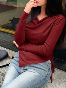 DAZY 女士纯色低胸长袖抽绳休闲 T 恤