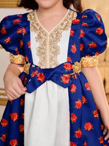 SHEIN Young Girls Purple Floral Print Princess Dress With Puff Sleeve, Suitable For School, Party, Decoration, Girls Daily Wear, Family Occasions And Special Celebrations