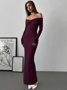 Aloruh 浪漫露肩网眼扭褶修身长袖女式连衣裙 - 紫羅蘭色 - 查看 3