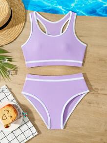 SHEIN Tween Girl Beach Vacation Ruffle Trim Bikini Set - Mauve Purple - View 3
