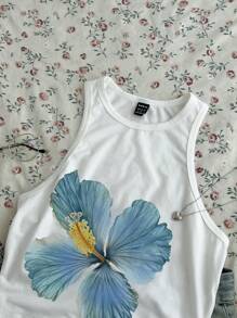 SHEIN EZwear Casual Minimalist Floral Print Round Neck Fitted Tank Top For Women, Suitable For Summer Back To School