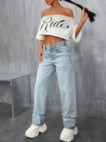 EURMUSE Gerade, lässige blaue Jeans mit tiefer Taille, minimalistisch und modisch - Mittele Waschung - Übersicht 5