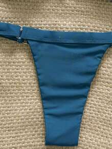 Swim Vcay Springbreak Damen Sommer einfarbiger Bandeau-Top mit Metalldekoration und Tanga-Höschen 2-teiliges Bikini-Badeanzug-Set