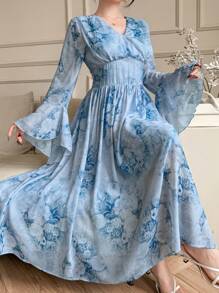 DAZY Spring Floral V-Neck Ruffle Hem Mid-Length Dress For Women,Fall Dress Long Sleeve Dress Easter - Blue - View 6
