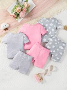 6pcs/Set Baby Girl Casual Fashion Cute Star Moon Cloud Print Short Sleeve Bodysuit And Shorts Pajama Set - Multicolor - View 2
