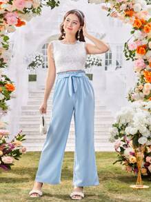 Quần ống rộng xếp ly gợn sóng cho bé gái tuổi teen có thắt lưng, thoải mái và dễ thương, thích hợp cho các buổi đi chơi thường ngày vào mùa xuân/hè - Màu xanh lam - Xem 3