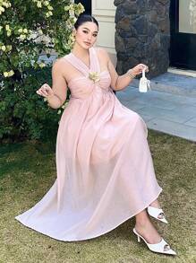 SHEIN Clasi Plus Size Women Metal 3D Floral Decor Ruffle Neck Dress - Baby Pink - View 1