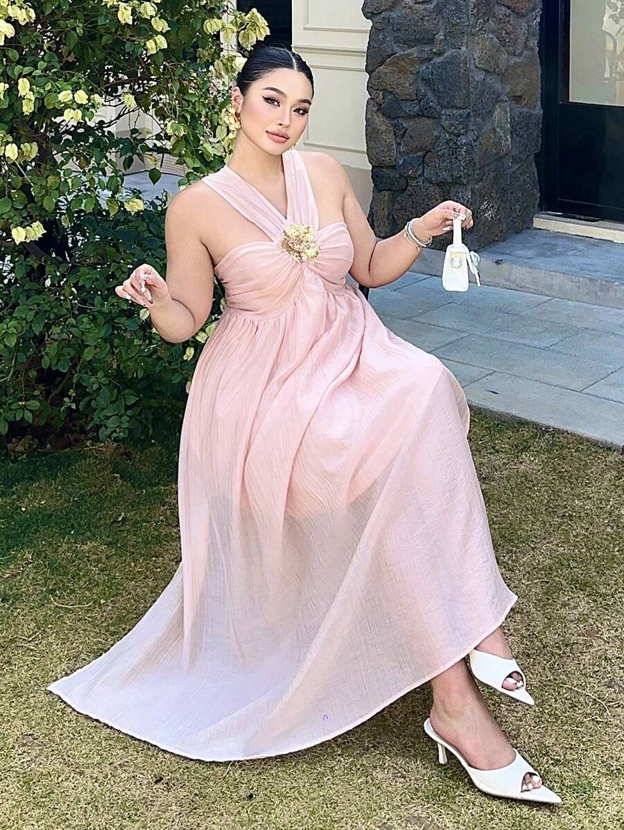 SHEIN Clasi Plus Size Women Metal 3D Floral Decor Ruffle Neck Dress - Baby Pink - View 1