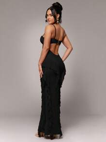 Silquee Váy xòe không tay màu đỏ viền bèo nhún kim loại điểm nhấn hoa gợi cảm thanh lịch, thích hợp cho tiệc cocktail, hẹn hò lãng mạn, váy đan lưới, tiệc tùng, tụ họp trang trọng, phù dâu, đi chơi đêm, Halloween, Giáng sinh, váy dài thêm váy dạ hội cho nữ váy thanh lịch cho nữ váy dự tiệc cho nữ váy trang trọng cho nữ váy dạ hội thanh lịch cho nữ váy trang trọng cho nữ - màu đen - Xem 3