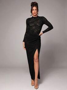 Silquee 女士优雅性感浪漫纯色红色、酒红色、勃艮第红，必备蕾丝可爱露背长袖连体衣，适合姐妹聚会、情人节、夜间外出等场合。 - 黑色 - 查看 9