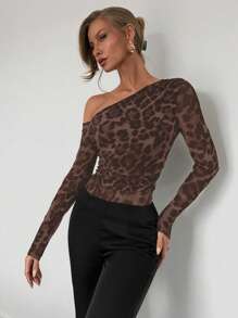 Almamuse Damen Mode Leoparden Muster Mesh Schulterfreie Langarm Bodys