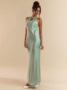 SHEIN BAE 春夏绿色性感细肩带露背长款缎面花卉装饰美人鱼连衣裙、伴娘服、缎面连衣裙、性感连衣裙 - 綠色 - 查看 5