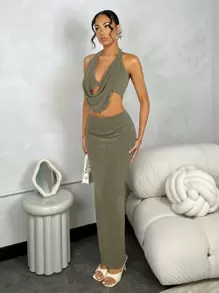 SHEIN BAE Women's Deep Draped Neck Backless Camisole + Tight Low Waist Mini Skirt - Army Green - View 3