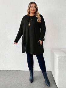 SHEIN CURVE+ 加大码红色不对称下摆长T恤，秋季，情人节