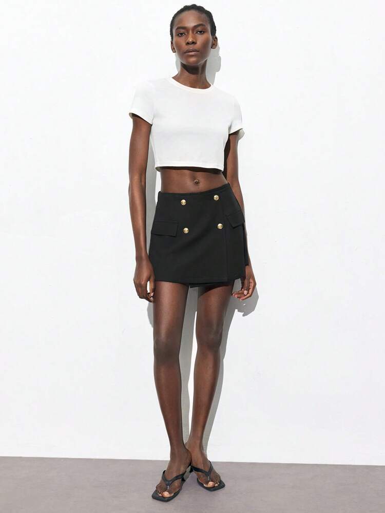 SHEIN Maija 2025 Summer New Waist Metal Button Design 2 In 1 Skort, Modern Urban Commuting Casual Minimalist Fashion, Music Festival Beach Holiday, Suitable For Going Out, Party, Wedding Guest, Vintage Style, Graduation