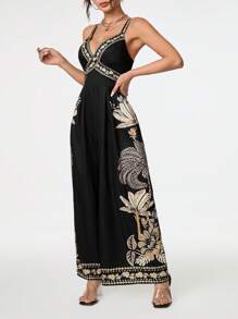 SHEIN PETITE Women's Floral Print Bohemian Style Jumpsuit - Black - View 5