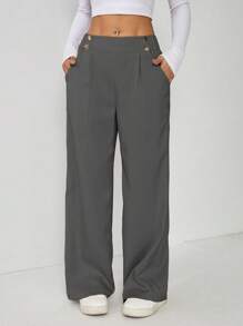 SHEIN PETITE Pantalones rectos elegantes de oficina con doble botón para mujer