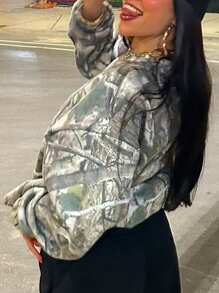 INAWLY 休闲街头风格迷彩字母印花宽松圆领运动衫女式套头衫秋季