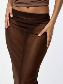 SUMWON WOMEN Váy Maxi Lưới Trong Suốt Cạp Cao Dài Đến Sàn Trong Suốt Phủ Váy Dạ Hội Lễ Hội Bãi Biển Nhiều Lớp Thiết Kế Thời Trang - Cà phê nâu - Xem 7
