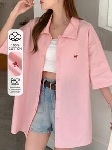 DAZY Women's Summer Oversized Bowknot Printed Drop Shoulder Casual Shirt,Short Sleeve Tops - Pink - View 4