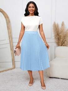 SHEIN Lady Blue Pleated Skirt, Versatile For Work & Parties - Baby Blue - View 5