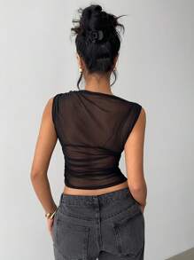 Siren Gaze 黑色网眼透视不对称领口上衣，音乐节派对上衣，夏季女装，复活节/音乐会女装音乐节假期 - 黑色 - 查看 2