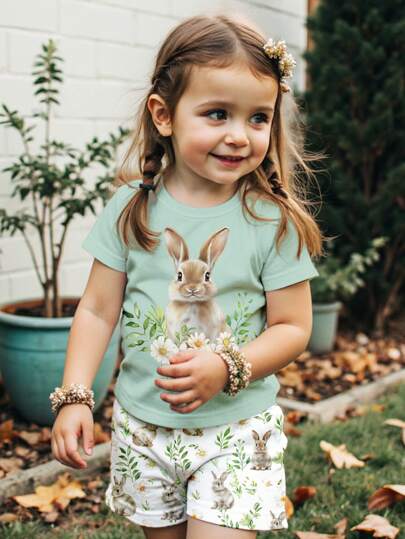 SHEIN Pressed Flowers Sets, Boho Wildflowers With Rabbit Decor, Vintage Botanical Sets With Rabbit, Pastel Floral Nature Sets With Rabbit, 2 Pieces Young Girl Casual Shorts And Short Sleeve Top Set, Suitable For Summer