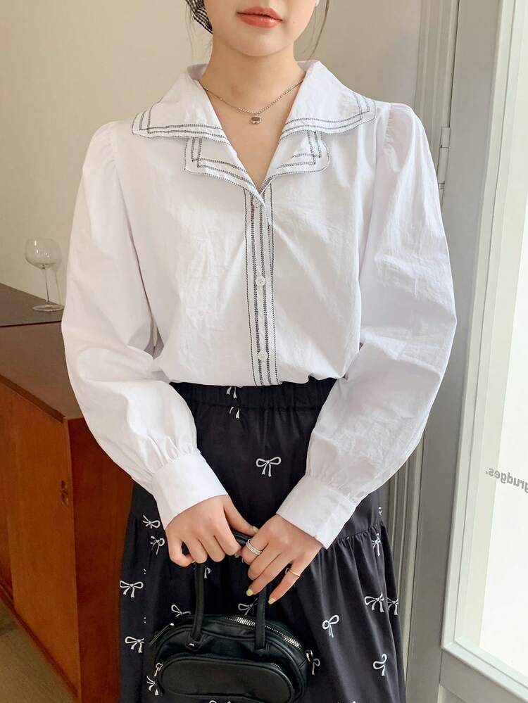 DAZY Damblus med nedfällbar krage, enfärgad, avslappnad, lös, lyktaärm, långärmad, höstkläder - Vitt - Visa 5