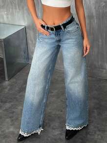 RueChic WOMEN WIDE LEG LOW WAIST JEANS HEM LACE DETAIL - Light Wash - View 5