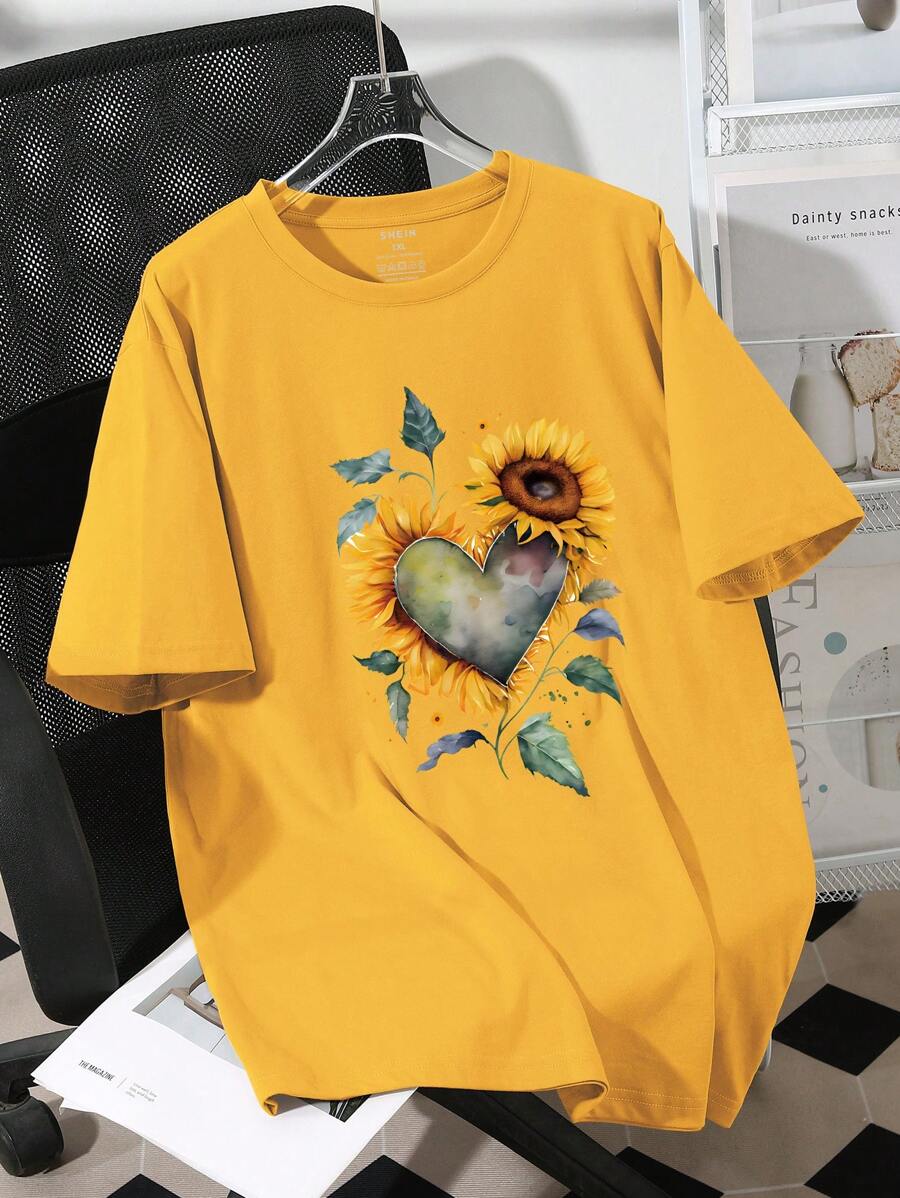 INAWLY Plus Size Heart And Sunflower Print Short Sleeve T-Shirt, Casual For Spring/Summer - Mustard Yellow - View 1