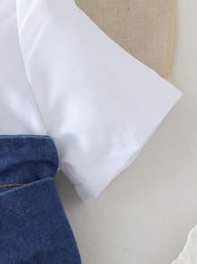 SHEIN Vestido de Verão Estilo Coreano Elegante para Meninas, com Gola Camisa, Manga Curta, Recortes, Cintura Marcada e Cinto, Vestido Formal para Jovens Garotas - Azul - Visão 4