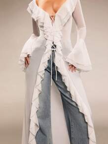 SHEIN BAE Vestido largo envolvente con escote en V profundo, mangas largas y dobladillo con volantes de color blanco puro. Vestido de estilo princesa apto para citas, San Valentín, fiestas, dama de honor, invitada de boda, uso diario, cumpleaños, graduación, vuelta al colegio. - Blanco - Ver 8