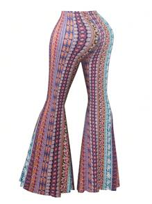 SHEIN LUNE Plus Size Women High Stretch Comfortable Paisley Striped Print Flare Pants, Bohemian Resort, Spring/Summer Womenswear, Plus Size Women Pants - Multicolor - View 2
