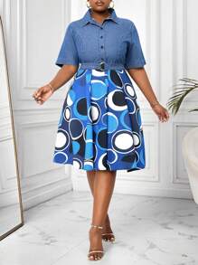SHEIN Lady Plus Size Denim Patchwork Printed Fabric Knee-Length Dress With Belt Easter Saint Patrick Spring Break - Medium Wash - View 2