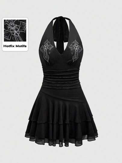 Goth Robe avec insert en maille drapé au cou orné d'une croix